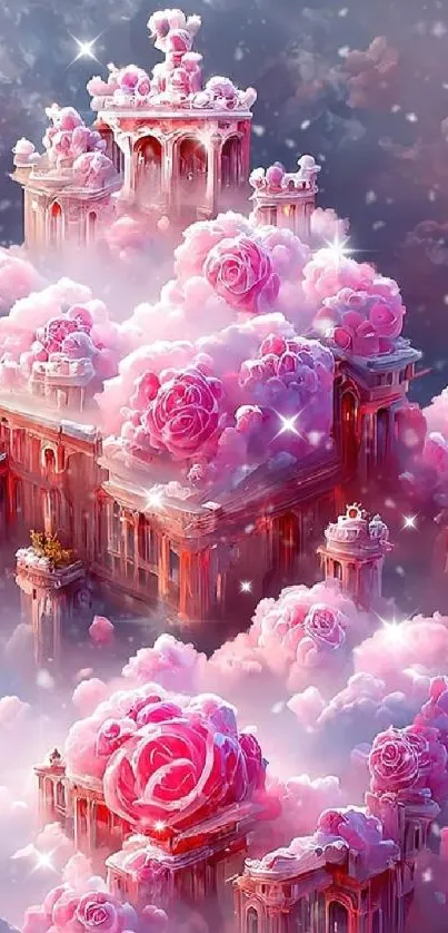 A dreamy pink palace floating in clouds creating a fantasy atmosphere.