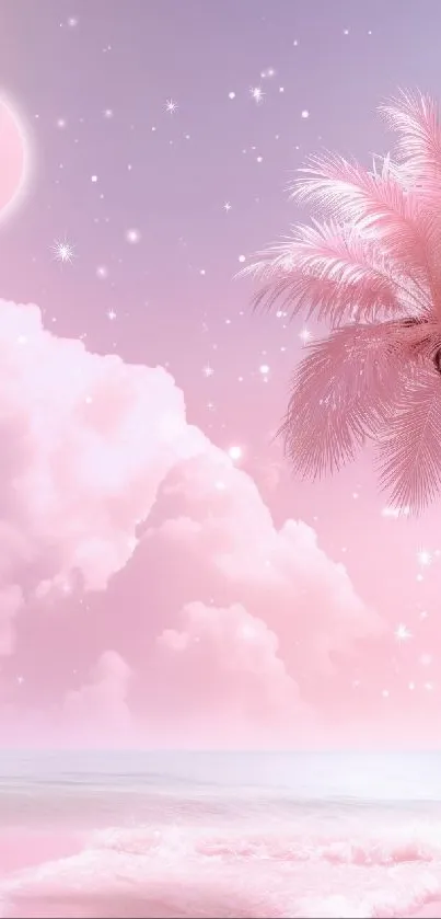 Dreamy pink wallpaper with palm tree and celestial sky.