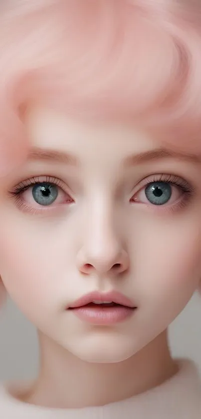 Ethereal portrait with pastel pink hair and soft expression.