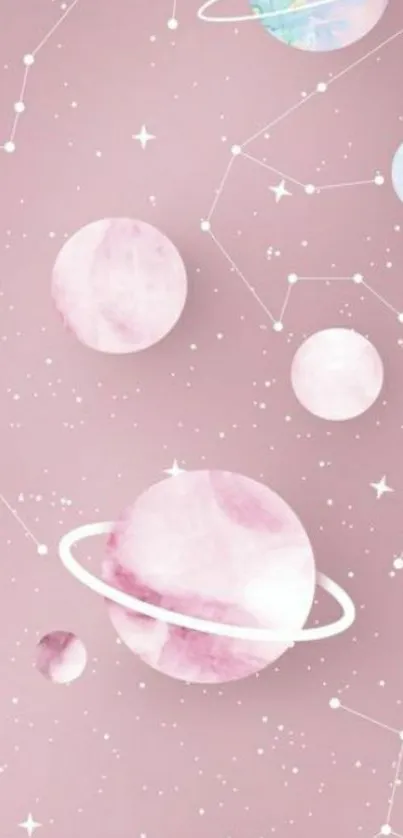 Dreamy pink wallpaper with planets and stars on a mobile phone screen.