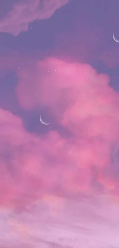 Dreamy pink and purple clouds with crescent moon wallpaper.