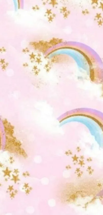 Dreamy pink wallpaper with rainbows and stars.