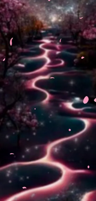 Luminous pink river landscape with stars and blossoms.