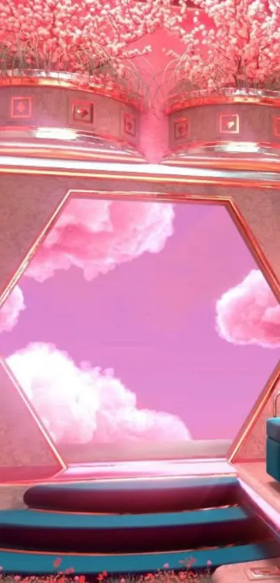 Dreamy pink room with hexagon window and clouds.