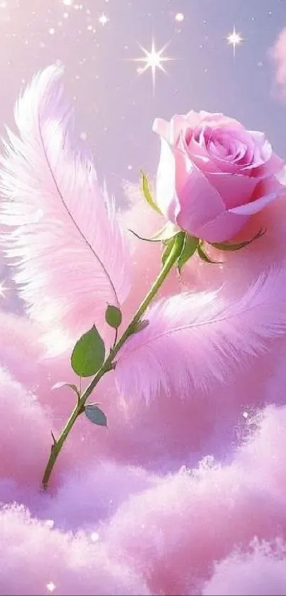 Pink rose with feathers in dreamy clouds.