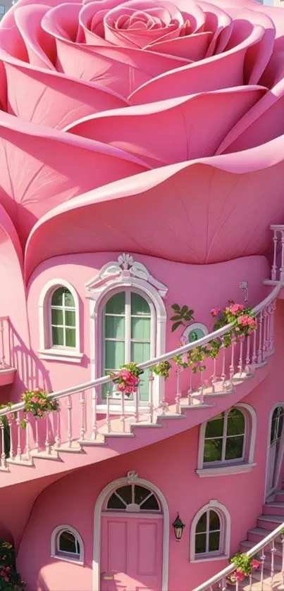 A whimsical pink house shaped like a rose with intricate stairs and windows.