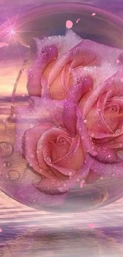 Pink roses in a glass sphere over a purple ocean.