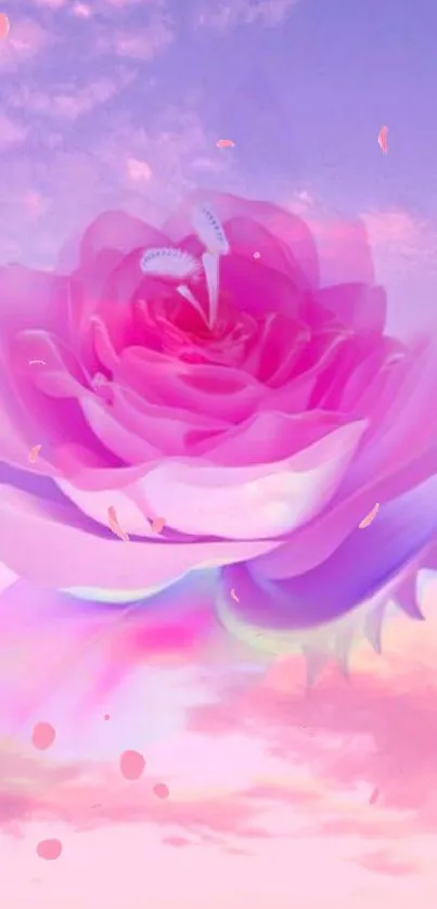 Dreamy pink rose with purple sky in the background, evoking tranquility.