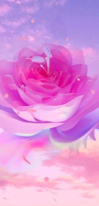 Dreamy pink rose with a pastel sky background.