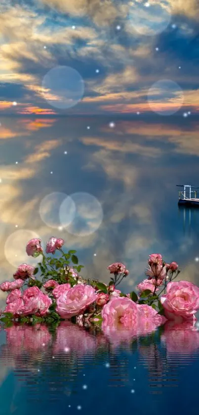 Dreamy pink roses on water with a serene boat and sunset sky.