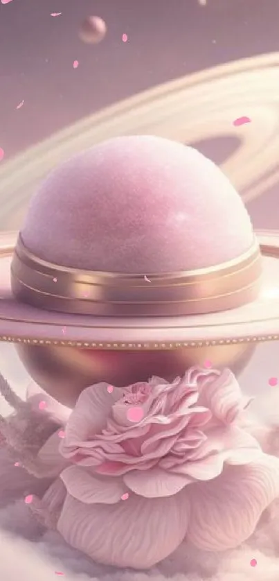 Pink Saturn and roses in dreamy fantasy setting.