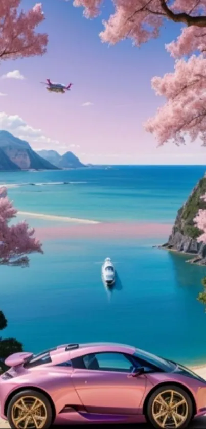 Pink car under cherry blossoms by ocean.