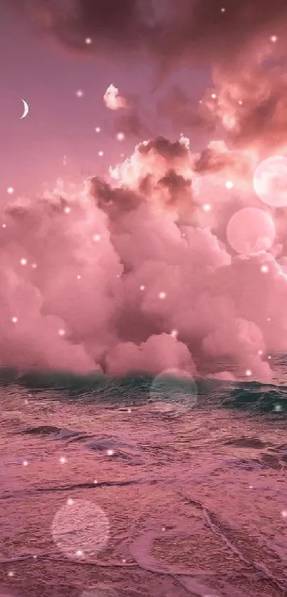 Dreamy beach with pink clouds and ocean waves under a serene sky.