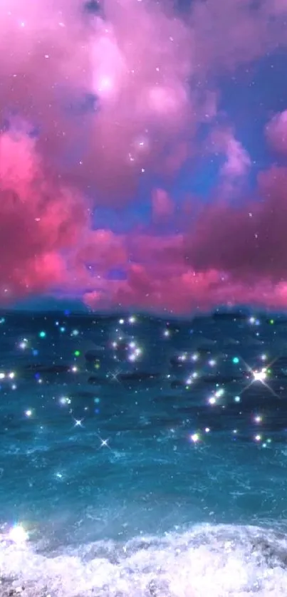 Dreamy ocean with pink clouds and stars mobile wallpaper.