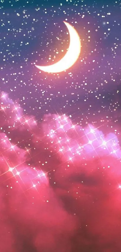 Dreamy wallpaper with pink clouds and crescent moon.