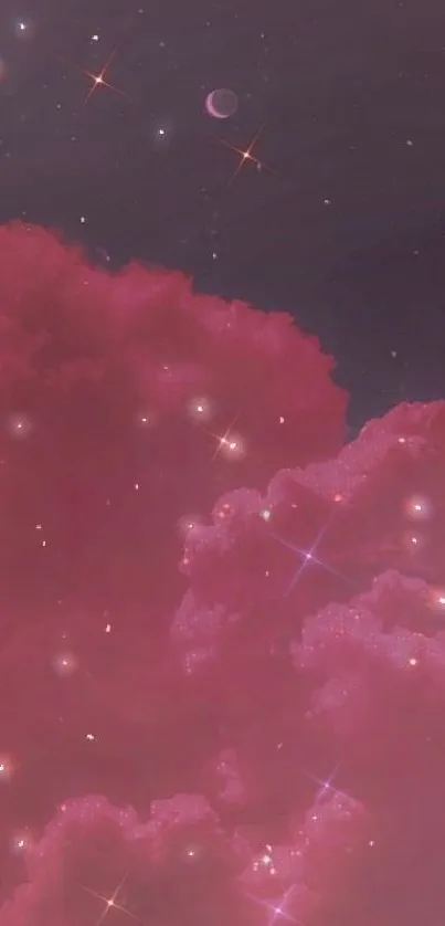 Dreamy pink clouds with stars in night sky wallpaper.