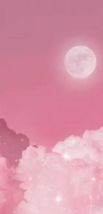 Dreamy pink sky with fluffy clouds and a glowing moon.