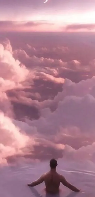 Ethereal pink sky with clouds and serene water, perfect for mobile wallpaper.