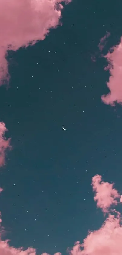 Dreamy pink sky mobile wallpaper with clouds and crescent moon.