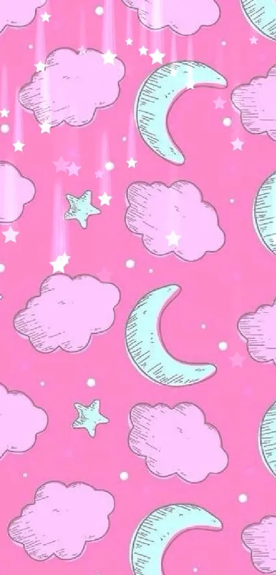 Pink wallpaper with clouds and stars.