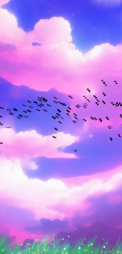 Pink sky with clouds and birds, serene mobile wallpaper.
