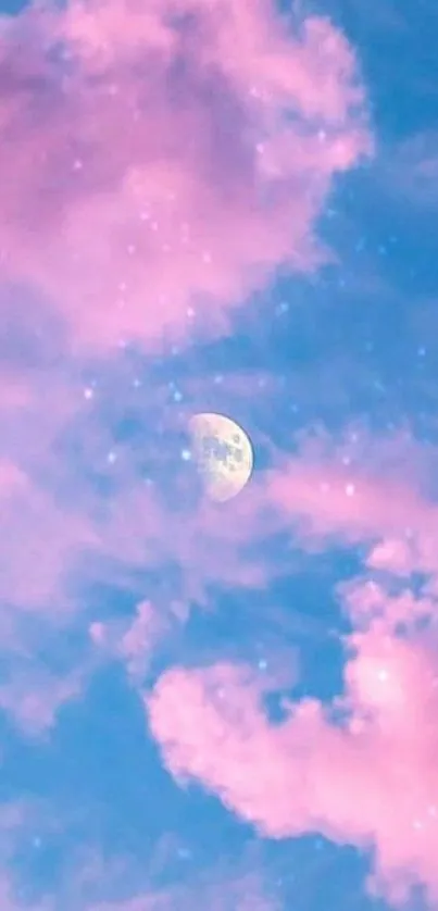 Pink clouds and moon in the sky wallpaper.