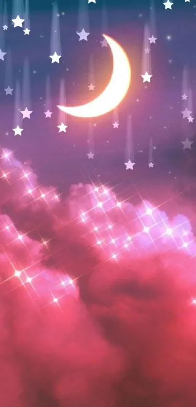 Dreamy pink sky with crescent moon and clouds wallpaper.