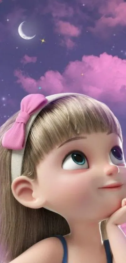 Cartoon girl with dreamy purple-pink sky and clouds.