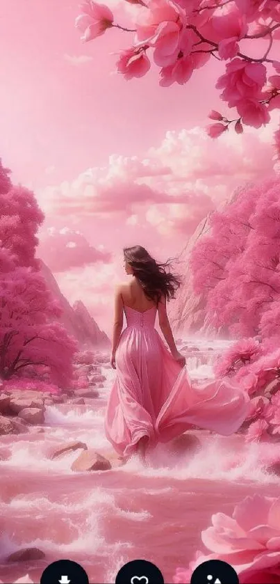 Enchanting pink landscape with a woman in a flowing dress by a river.