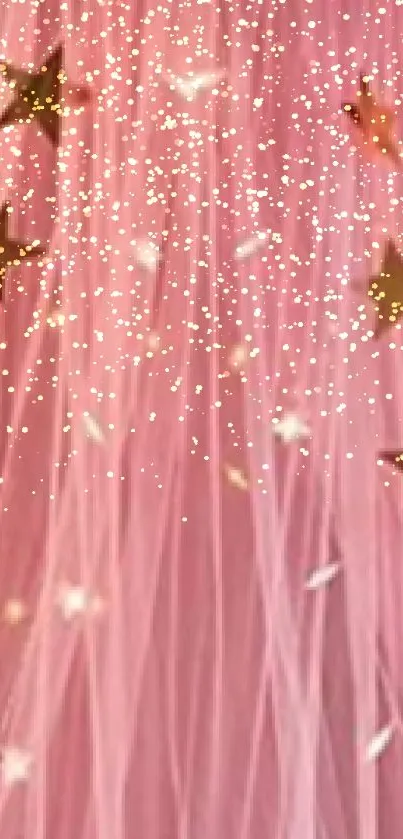 Pink canopy with golden stars and fairy lights over bed.