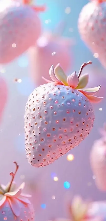 Floating pink strawberries on a pastel background.