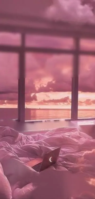 Dreamy pink sunset view from a bedroom window, ocean and clouds.