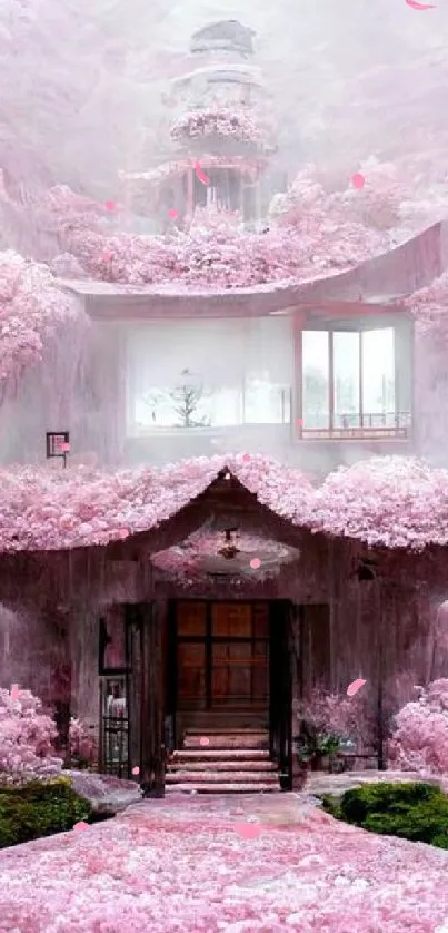 Surreal pink landscape with a mystical house surrounded by cherry blossoms.