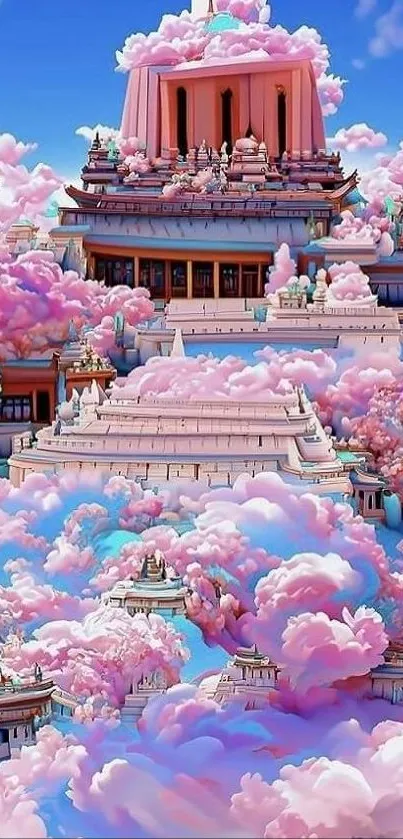 Dreamy pink temple with clouds and sky, fantasy wallpaper.