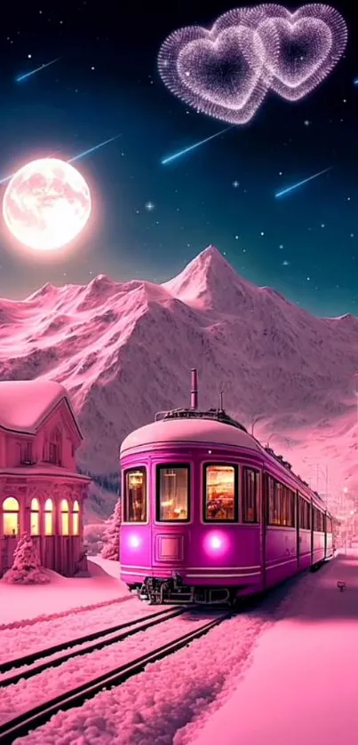 Pink train under moonlit sky with heart clouds and shooting stars.