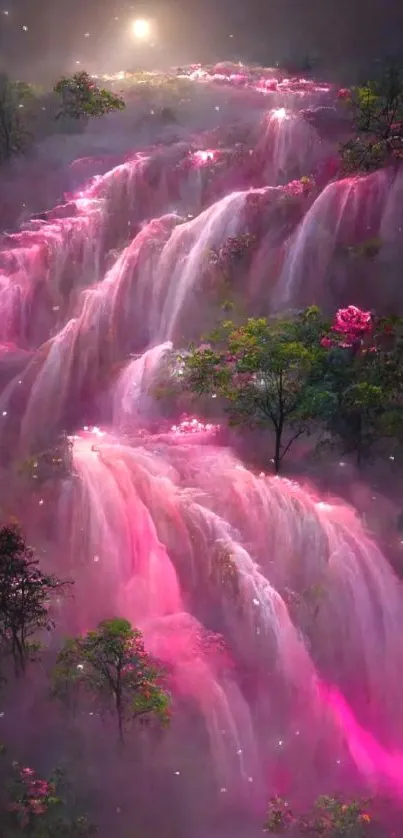 Dreamy pink waterfall cascading through lush greenery at night.