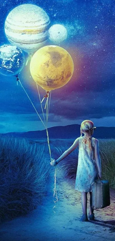 Girl holding planet balloons under starry sky wallpaper.