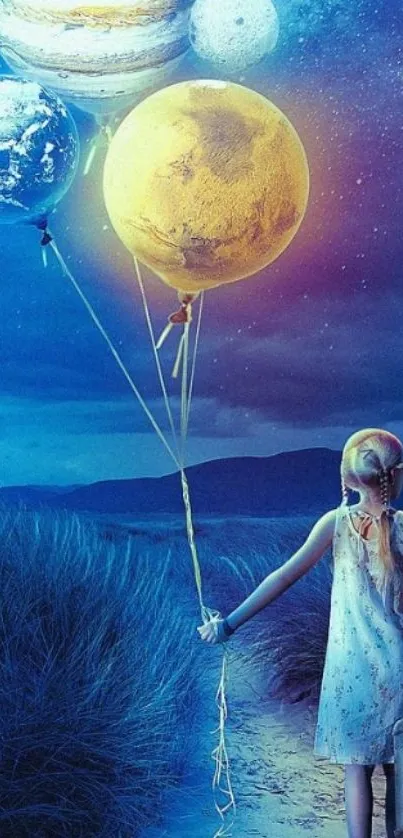 Girl holds planet balloons under a starry night sky, creating a whimsical scene.