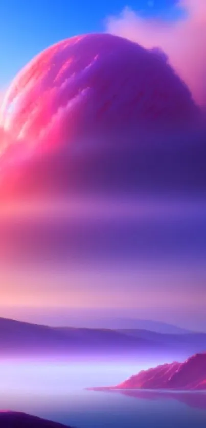 Dreamy landscape with a giant pink planet above serene waters and mountains.