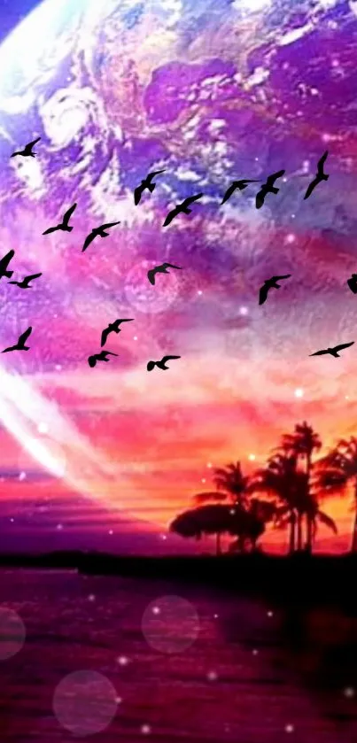 Dreamy purple sunset with palm trees and distant planet.