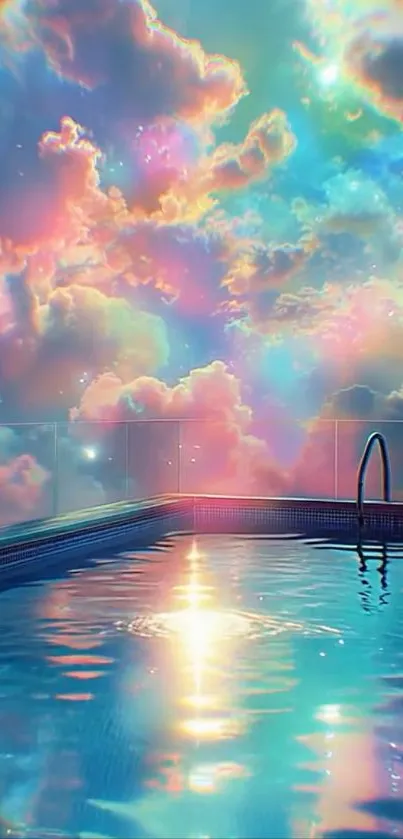 Dreamy pool reflecting pastel clouds with vibrant sky.