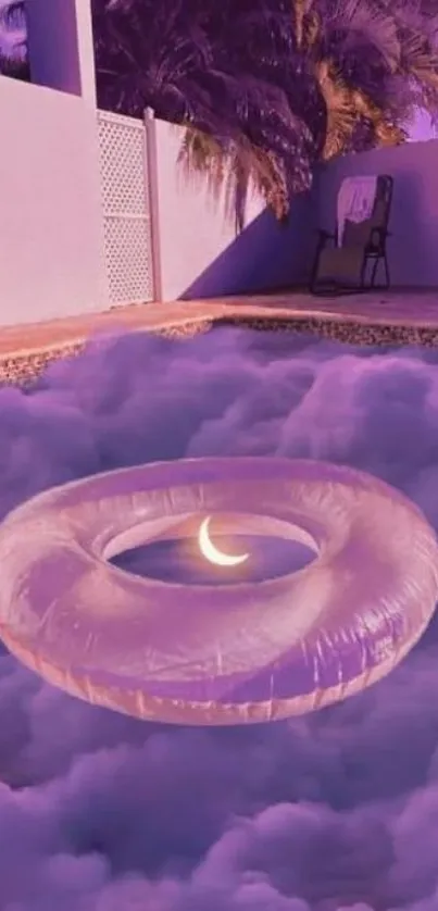 Dreamy pool surrounded by clouds with a crescent moon floating.