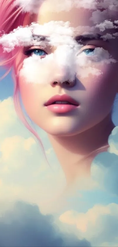 Ethereal portrait of a woman with pink hair surrounded by clouds.