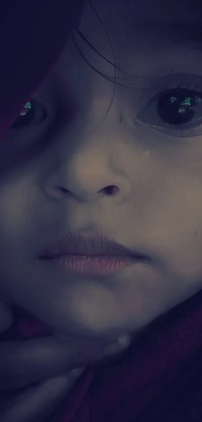 Child's face in soft, purple-tinted close-up.