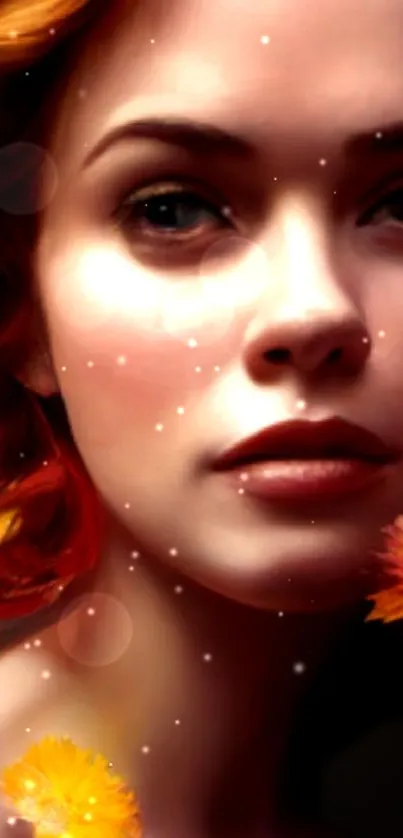 Artistic portrait of a woman with glowing flowers and vibrant orange accents.