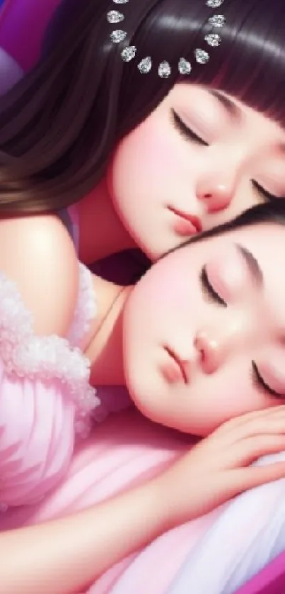 Two princesses sleeping with crown and jewels in a celestial fantasy setting.