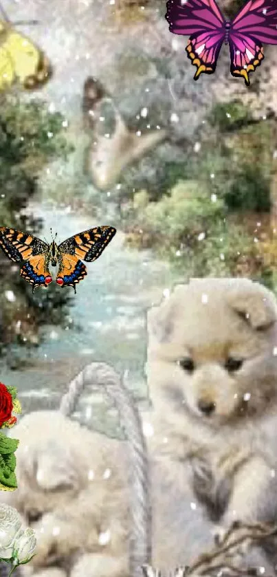 Whimsical wallpaper with puppies, butterflies, and flowers in a dreamy landscape.