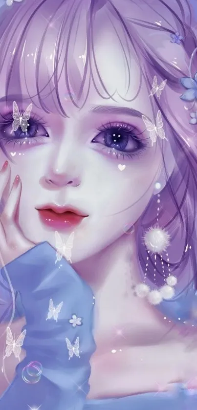 Dreamy purple anime girl with butterflies and flowers.