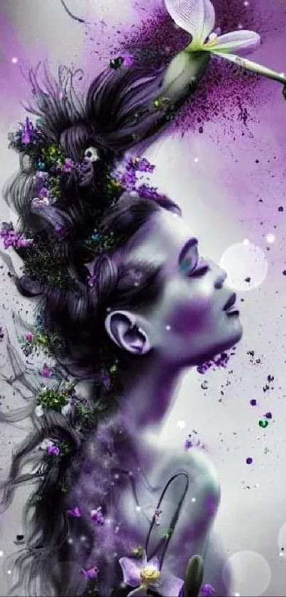 Dreamy purple artistic wallpaper featuring feminine elements.