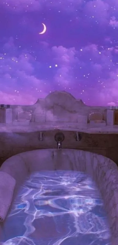 Dreamy purple bathroom wallpaper with stars and a serene bathtub.